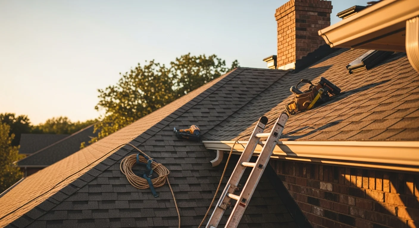 Professional roofer installing new roof on residential home