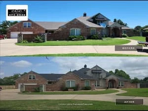 Before and after roof replacement on two-story brick home with new asphalt shingles
