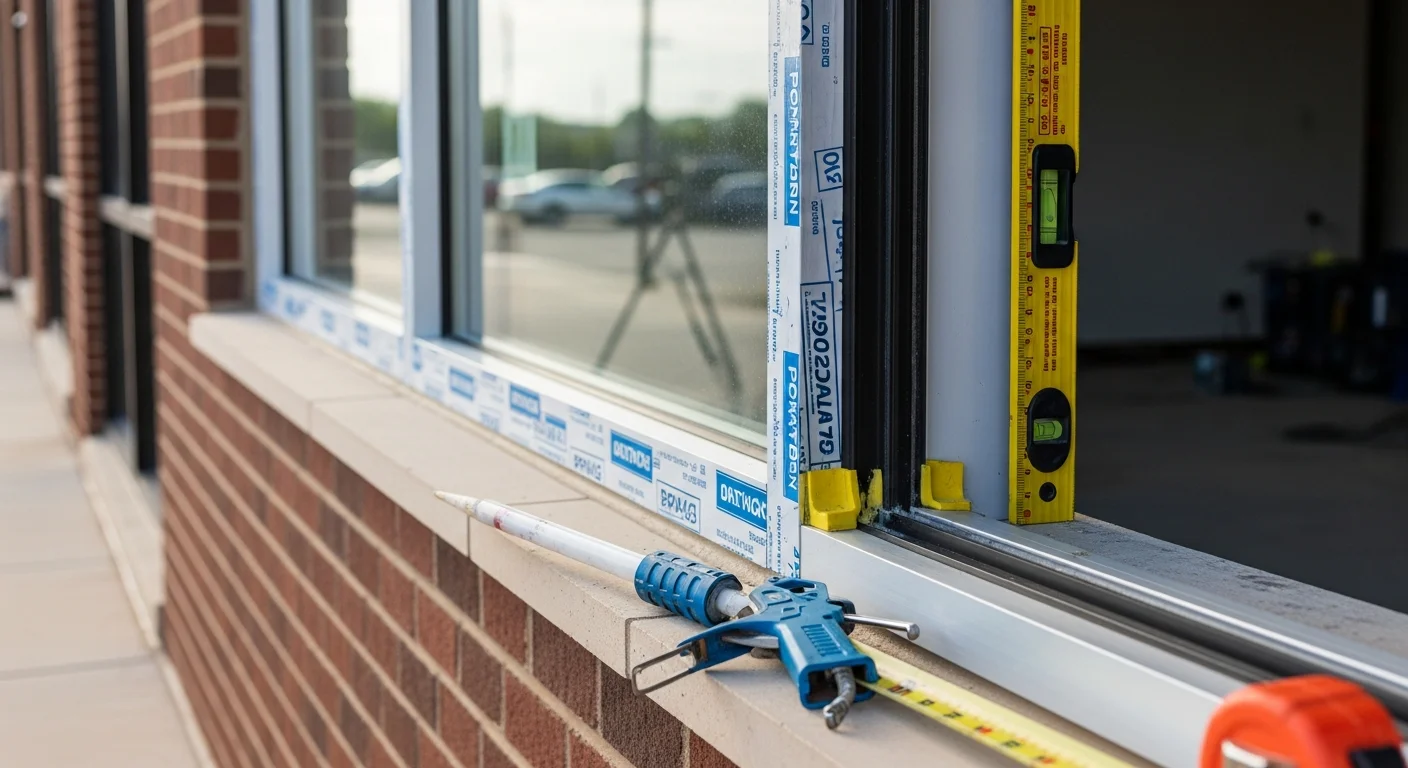 A commercial building in Yukon, Oklahoma with newly installed large-format windows on a storefront facade. A window contractor is finishing the frame seal on a ground-floor commercial opening.