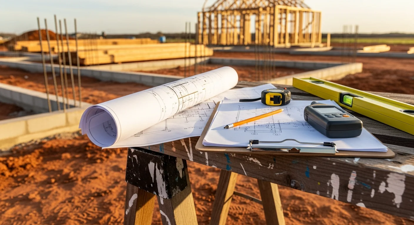 A general contractor reviewing construction plans with a Yukon, Oklahoma homeowner at a residential project site. The consultation includes a site walkthrough and scope review before construction begins.