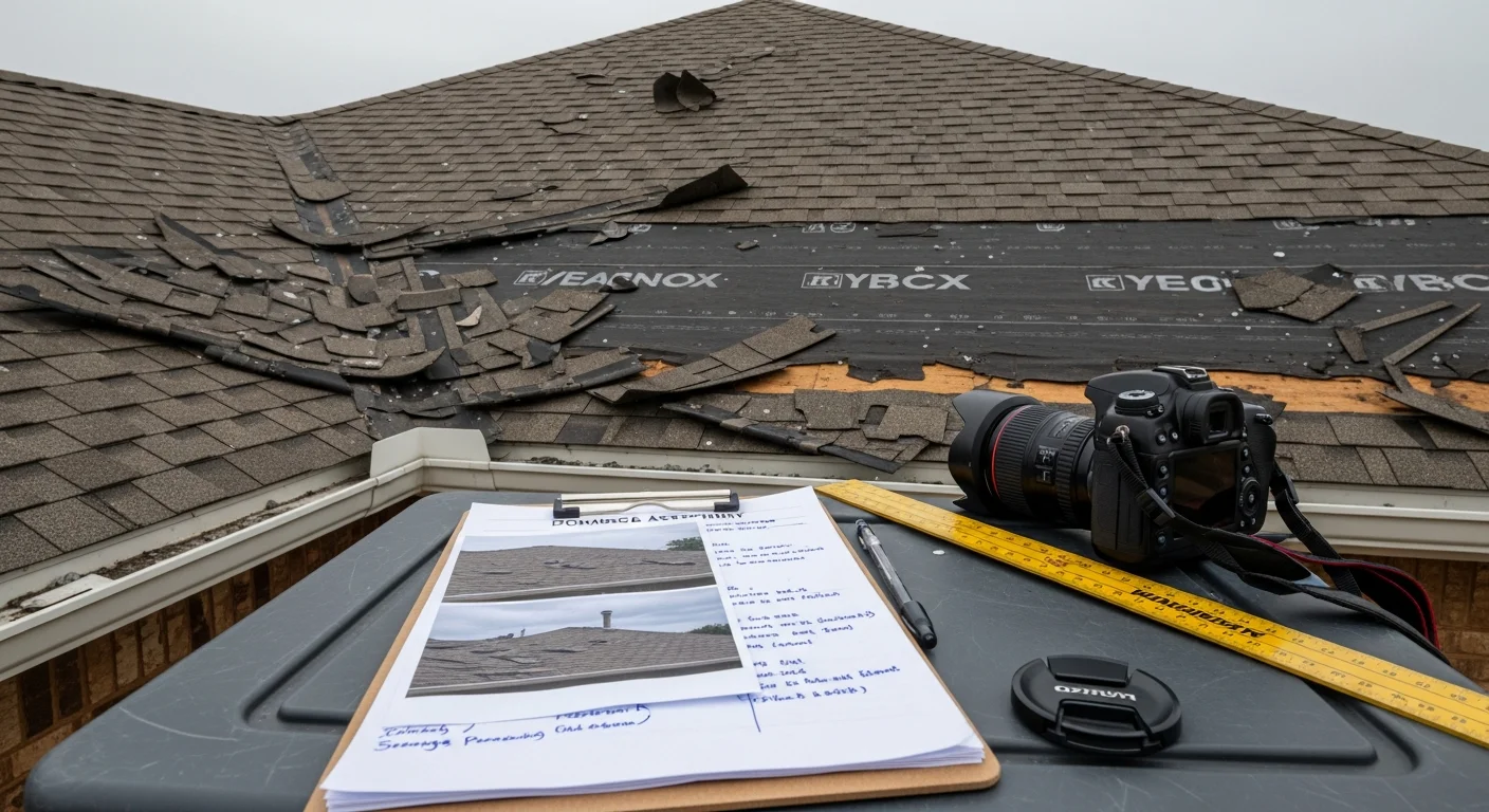 A Yukon, Oklahoma home with a newly restored roof following hail and wind damage, showing clean ridge lines and intact shingles after insurance restoration work by CCC Roofing and Construction. A roofing crew member reviews damage documentation on the roof deck during the post-storm inspection process.