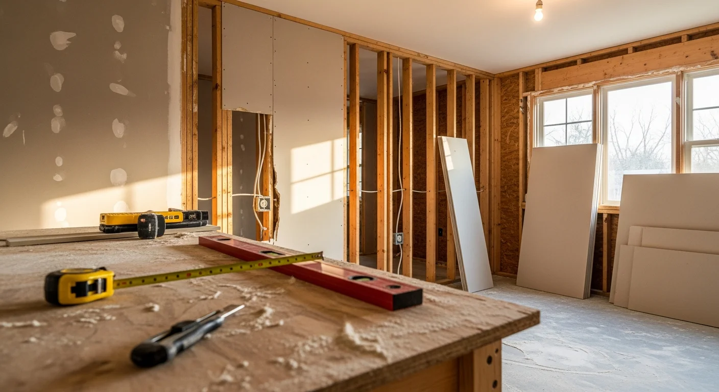 Remodeled interior of a single-family home in Yukon, Oklahoma, showing an open-concept living and kitchen area with new flooring and updated drywall. General contractor work completed by CCC Roofing and Construction.