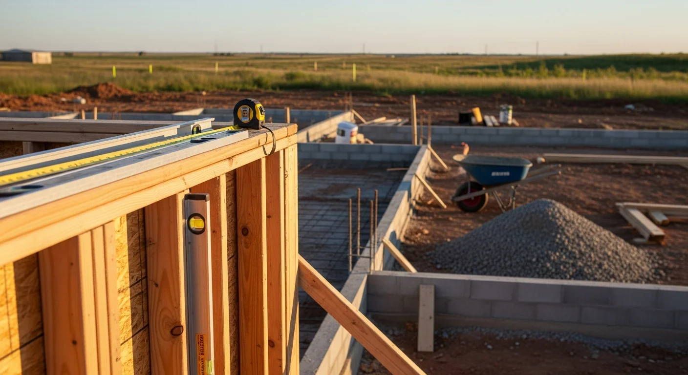 A newly framed residential home under construction on a Yukon, Oklahoma lot, showing wood framing and roof structure against an open sky. A general contractor reviews plans on site during the framing phase.
