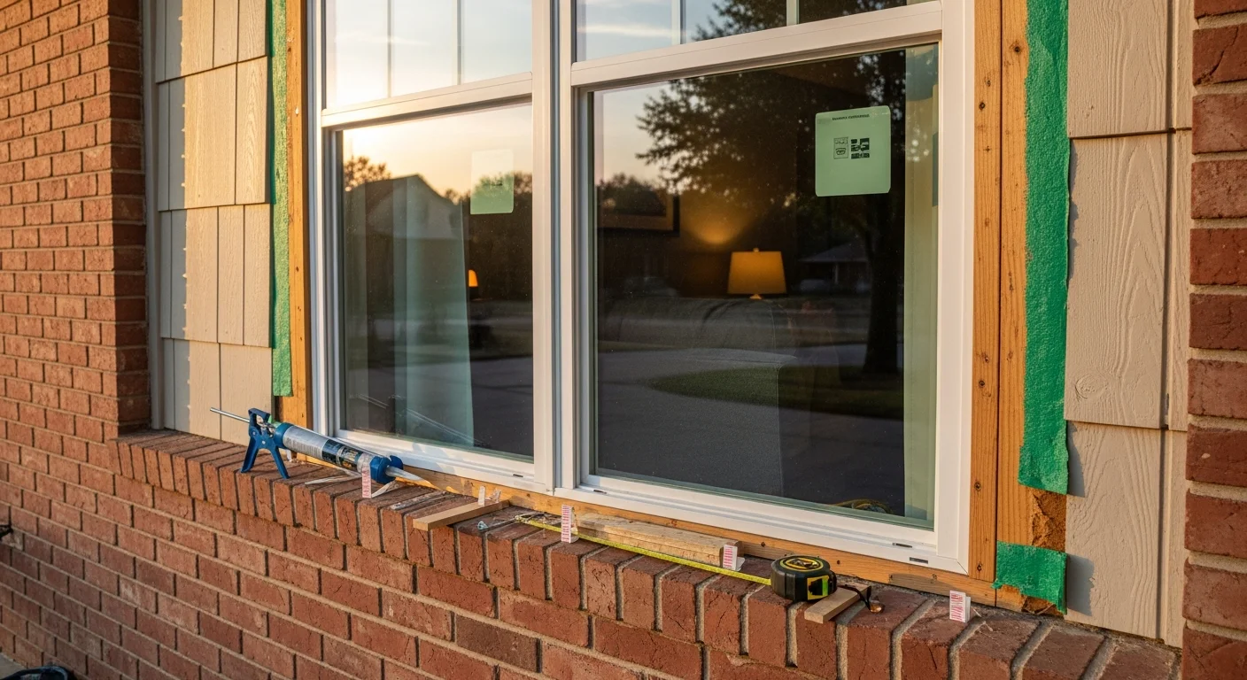 A newly installed double-hung window on the exterior of a single-family home in Yukon, Oklahoma, with clean trim work and a tight frame seal visible against brick siding. The surrounding yard and suburban street reflect a typical Yukon residential neighborhood.