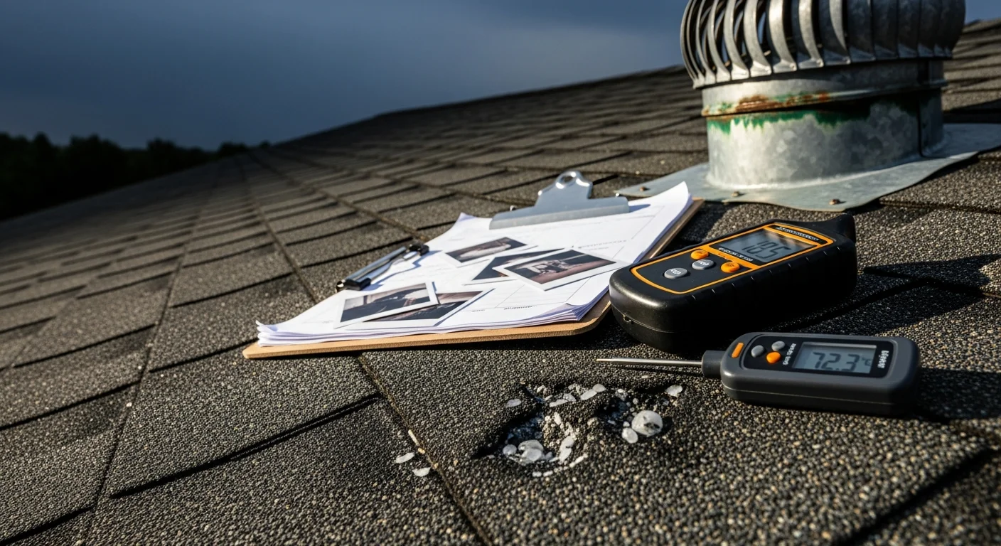 A CCC Roofing and Construction inspector examining shingles and flashing on a residential roof in Yukon, Oklahoma. Close-up view shows the inspector documenting hail impact marks and worn flashing edges on a steep-slope asphalt shingle roof.