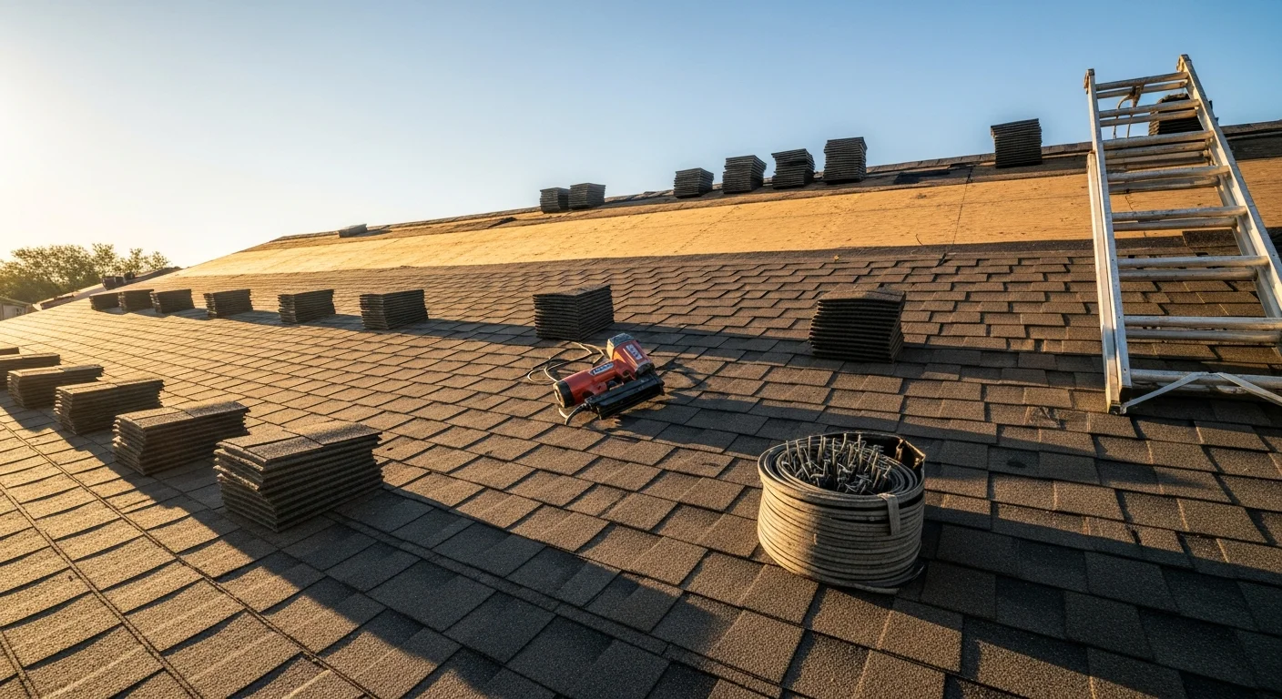 A completed residential roof installation on a single-family home in Yukon, Oklahoma, showing a full new roof system with clean ridge lines and uniform coverage. The home reflects the ranch-style architecture common in Yukon's established neighborhoods.