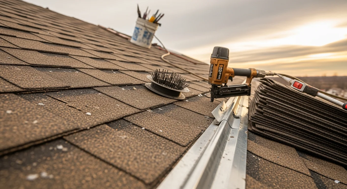 A Yukon, Oklahoma residential roof showing repaired shingles and sealed flashing after hail and wind storm damage. CCC Roofing and Construction crew working on a pitched roof in a Yukon neighborhood.
