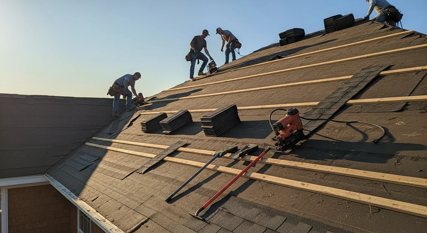 A completed residential roof replacement on a single-family home in Yukon, Oklahoma, showing new shingles installed across the full roof deck. The home sits in a residential neighborhood typical of the Yukon area, with clear skies after a storm season.