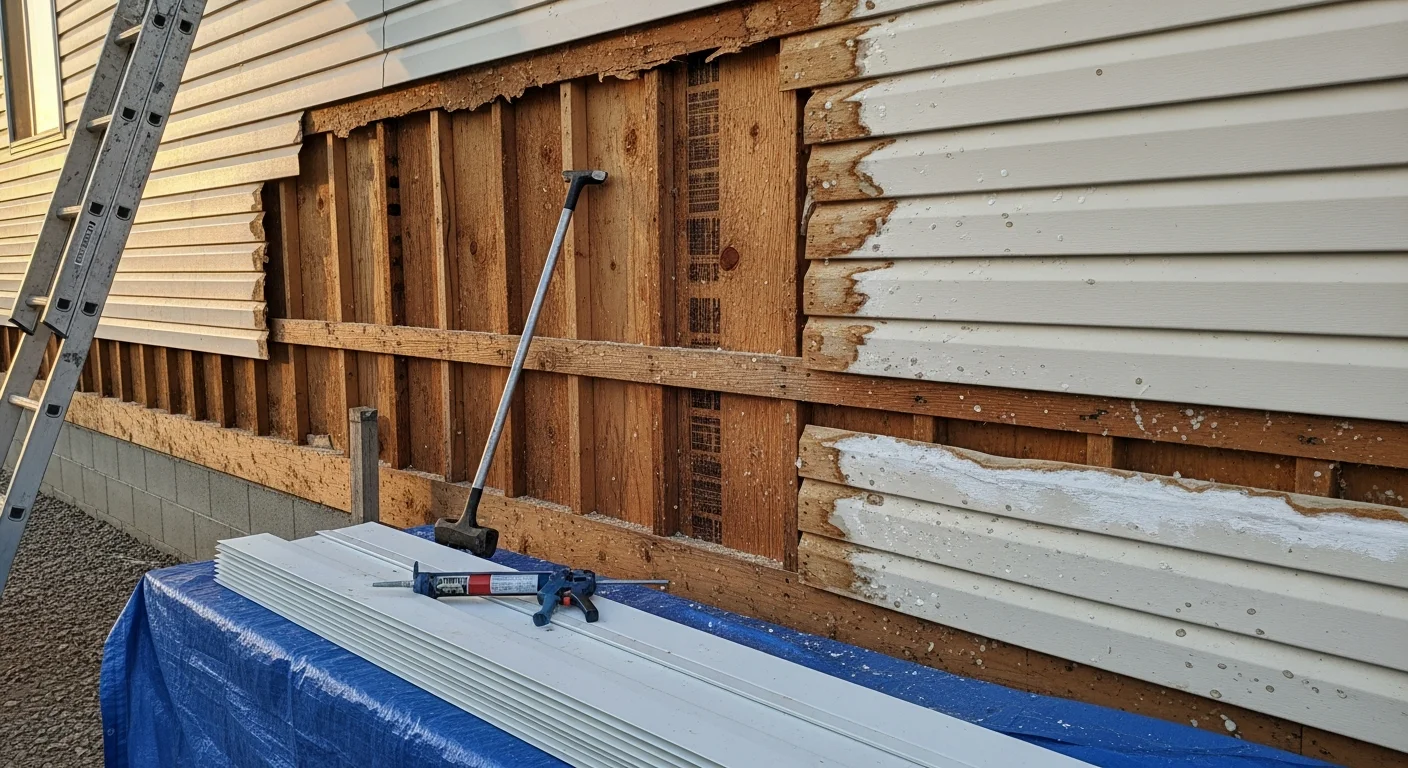 A Yukon, Oklahoma single-family home with freshly repaired exterior siding panels showing clean, even seams and no visible hail damage. A CCC Roofing and Construction crew member inspects the repaired wall section from close range.