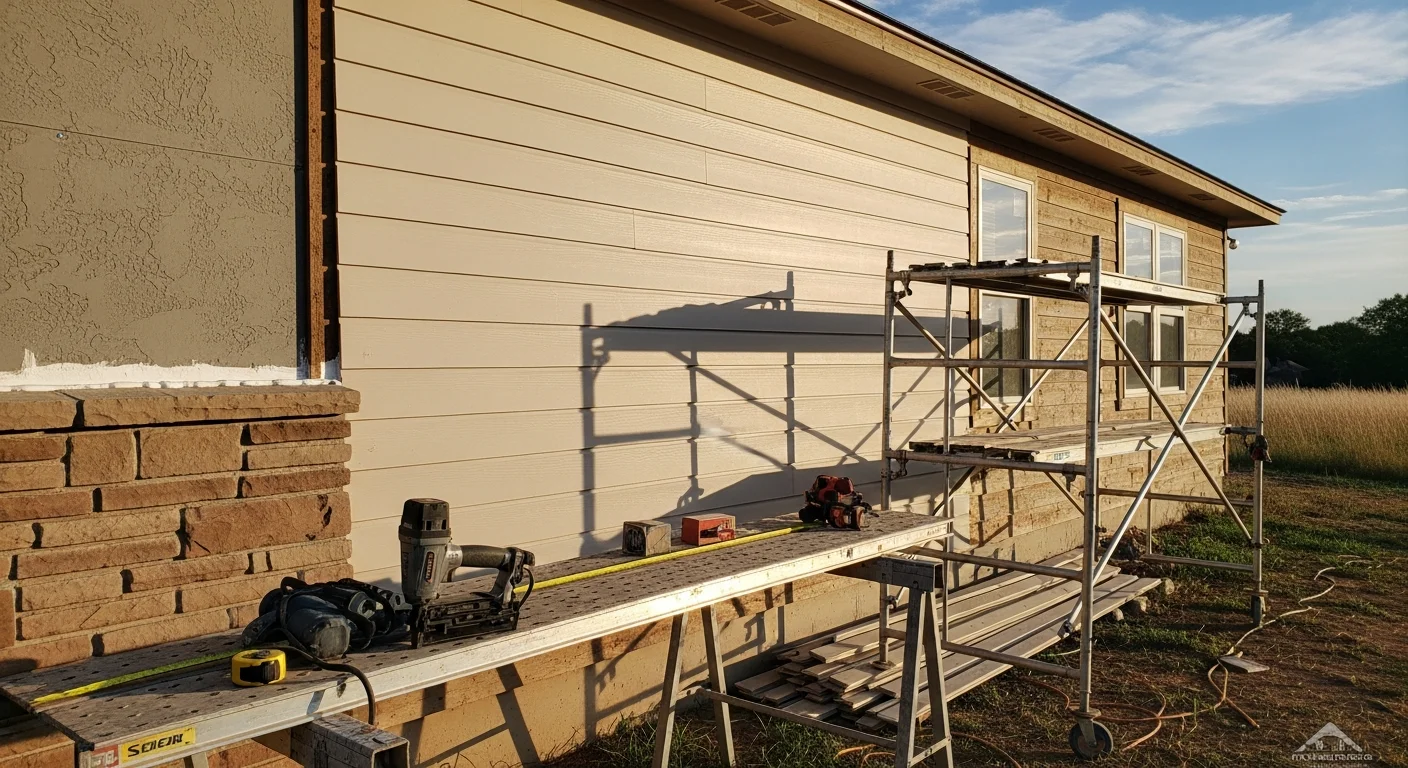 A Yukon, Oklahoma single-family home with newly installed exterior siding replacing storm-damaged panels on the south and west-facing walls. The finished exterior shows clean, uniform panels with no visible cracking, warping, or gaps at the seams.