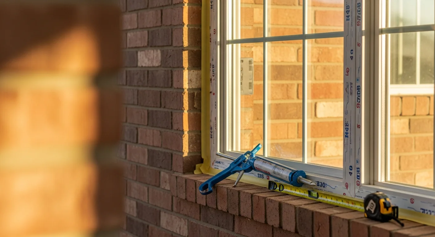 A freshly installed double-hung window on a single-story residential home in Yukon, Oklahoma, with clean exterior trim and a sealed frame. A CCC Roofing and Construction crew member inspects the finished install from the exterior.