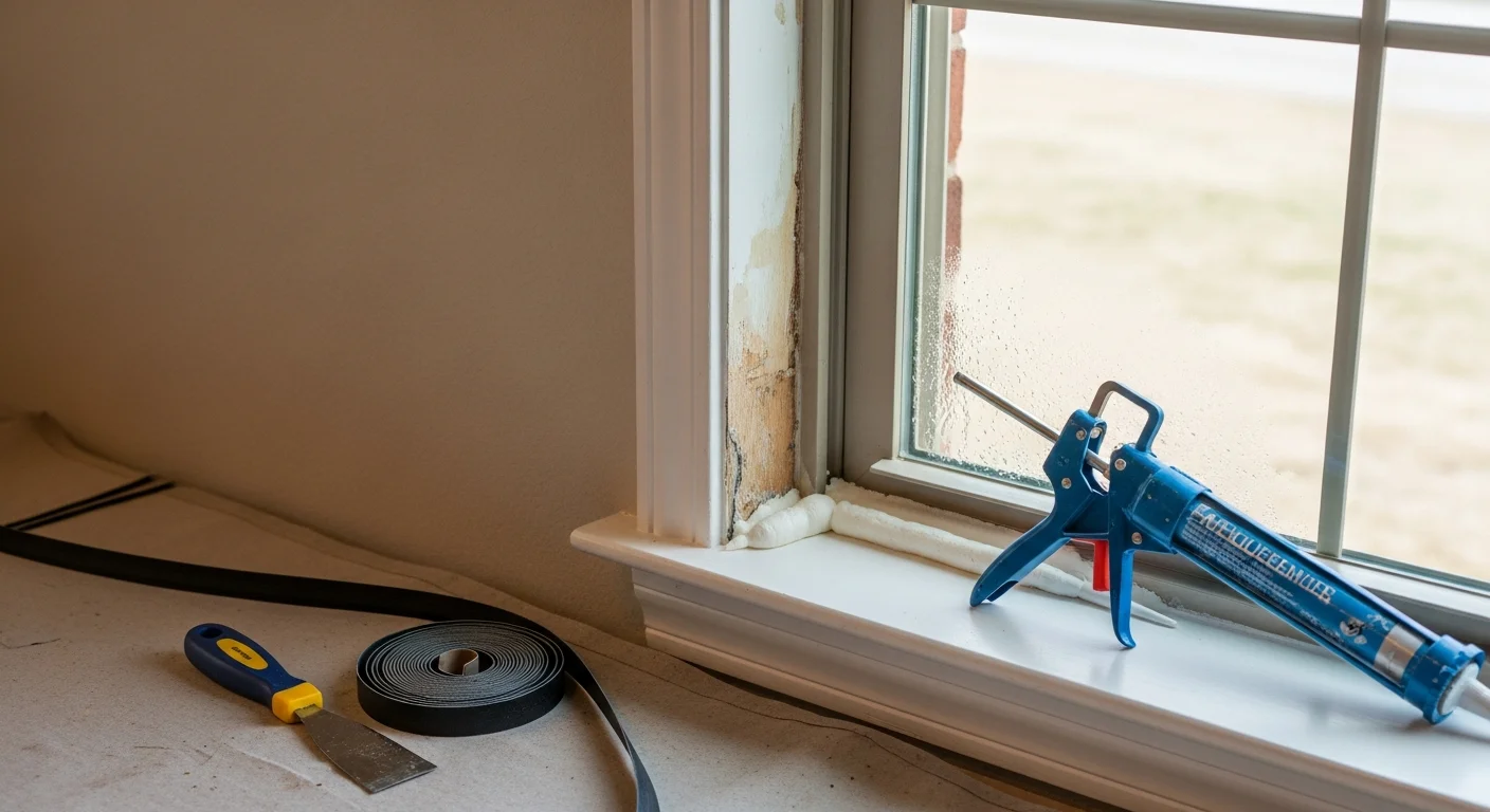 A window contractor repairing a double-hung window frame on a single-family home in Yukon, Oklahoma. The technician is replacing a damaged glass unit on a brick exterior residential property.