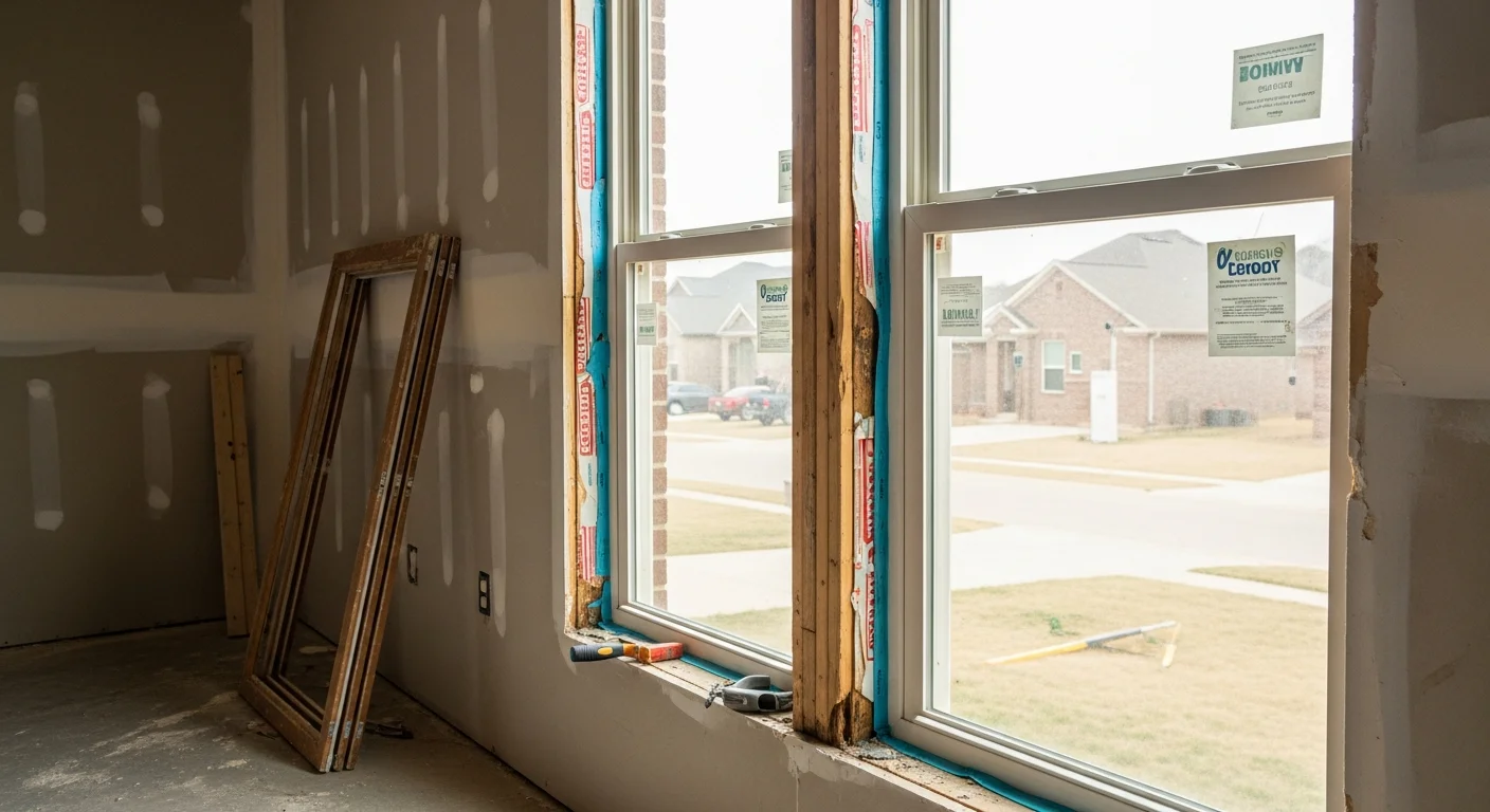 A freshly installed replacement window on a single-family home in Yukon, Oklahoma, with clean trim lines and a tight exterior seal visible against the brick facade. The image shows the completed installation from the exterior, with no visible gaps or damage around the frame.